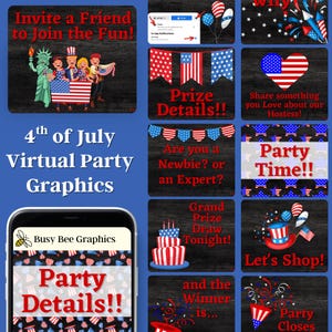 Pack fête virtuelle du 4 juillet aux États-Unis ! 42 réseaux sociaux Facebook virtuels graphiques d&#39;événements et jeux d&#39;interaction pour la vente directe et les petites entreprises