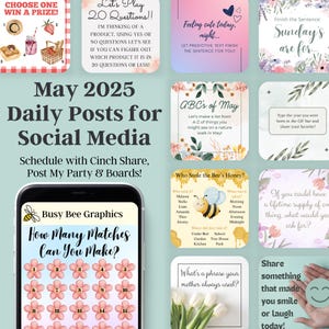 MAI 2025 Publications avec sous-titres et planification, planificateur de publications d&#39;engagement sur les réseaux sociaux pour Facebook ou Instagram, publications d&#39;interaction avec les petites entreprises