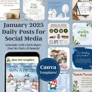 Könnte beinhalten: Eine Collage von Bildern mit dem Thema "Tägliche Posts für soziale Medien im Januar 2025". Die Bilder zeigen einen Schneemann, einen Pinguin, eine Winterszene und eine Tasse heiße Schokolade. Der Text "Canva-Vorlagen!" befindet sich in einem blauen Kreis.