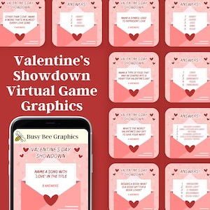 May include: A set of eight pink and white Valentine's Day Showdown virtual game graphics. Each graphic features a question related to Valentine's Day and a space for answers. The graphics are designed to be used in a virtual game.