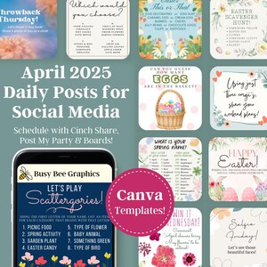Könnte beinhalten: Eine digitale Illustration eines Kalenders mit dem Titel "April 2025 Daily Posts for Social Media". Der Kalender ist von neun bunten Quadraten umgeben, die jeweils ein anderes Design und einen anderen Text zum Thema Ostern und Frühling haben. Der Text in den Quadraten enthält Sätze wie "Easter Scavenger Hunt", "Happy Easter", "What is your spring name?" und "Can you guess how many eggs are in the basket?"