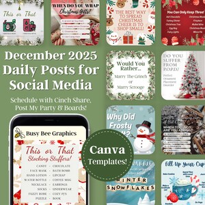 Könnte beinhalten: Eine Collage von Social-Media-Beiträgen und Vorlagen zum Thema Weihnachten. Enthält Grafiken mit Text wie "This or That Stocking Stuffers", "When do you wrap Christmas gifts?" und "Canva Templates!" Das Farbschema ist festlich mit Rot, Grün und Weiß.