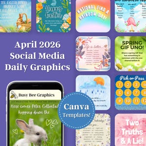 May include: A collection of social media graphics for April 2026, featuring Easter and spring themes. Includes templates with bunny, rainbow, and floral designs, with text prompts and interactive elements. Canva templates are available.