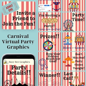 May include: A set of colourful digital graphics for a virtual carnival party. The graphics feature a carnival theme with images of Ferris wheels, games, and prizes. The text on the graphics includes "Invite a Friend to Join the Fun!" and "Carnival Virtual Party Graphics".