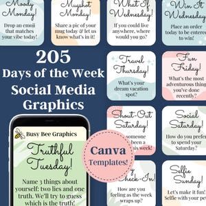Jours de la semaine Publications fiançailles pour les réseaux sociaux Graphiques d&#39;interaction Questions interactives Publications de groupe Facebook Modèles Canva modifiables