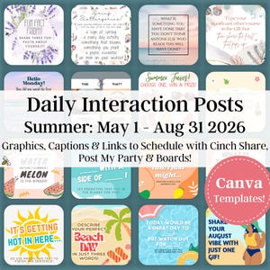 Puede incluir: Gráfico colorido para publicaciones de interacción diaria. La imagen incluye cuadrados con indicaciones como "Fun Fact Friday" y "Describe tu día perfecto en la playa". El logotipo de Canva Templates es visible.