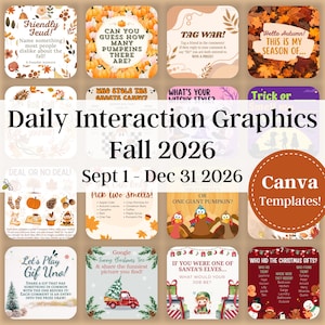 Puede incluir: Una colección de dieciséis plantillas cuadradas para redes sociales de otoño e invierno, con gráficos estacionales como calabazas, hojas de otoño, pavos y temas festivos con textos de interacción diaria de septiembre a diciembre.