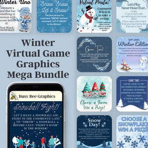 May include: A collection of colourful digital graphics for winter-themed virtual games. The graphics feature snowmen, gnomes, snowflakes, and other wintery elements. The text on the graphics includes game instructions and titles such as "Snowball Fight!" and "Choose a Gnome, Win a Prize!"