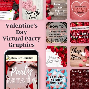May include: A collage of Valentine's Day party graphics with a pink background. The graphics feature hearts, roses, and text that says "Join the Fun!" "Newbie? Or Super Fan?" "What Do You Love Most?" "How To Facebook Party" "Ready For Some Fun? It's Time To Party" "Prize Entries!" "Shop Now!" "Last Day To Earn Entries!" "Party Poll" and "Party Details".