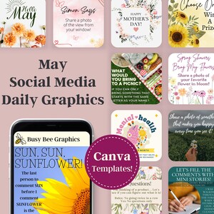 Gráficos de interacción diaria en redes sociales personalizados para MAYO DE 2024 para aumentar su participación y su negocio (personalice el contenido con la plantilla de Canva)