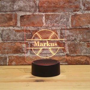 Personalized RGB-LED night light - baseball motif with desired name, individual gift, acrylic glass