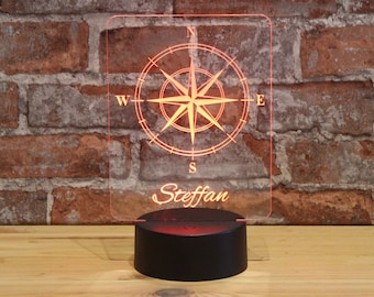LED Night Light Compass Personalized with desired name, incl. remote control and USB cable.