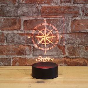 Personalized RGB-LED night light - compass motif with your desired name, individual gift, acrylic glass