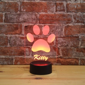 Personalized RGB-LED night light - cat paw motif with your desired name, individual gift, acrylic glass
