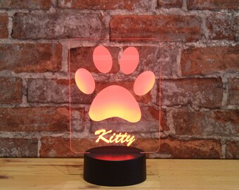 LED Night Light Cat's Paw Personalized with desired name, incl. remote control and USB cable.
