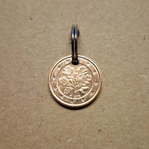 Puede incluir: Una moneda de color dorado con un diseño de hoja de roble y la inscripción "1 Euro" en el reverso. La moneda está unida a un llavero plateado.
