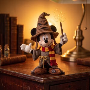 May include: A knitted Mickey Mouse doll wearing a brown wizard hat, a brown robe with a rope tie, and a red and yellow striped scarf. The doll holds a brown wand with a glowing gold tip in one hand and has its other hand raised in a wave.