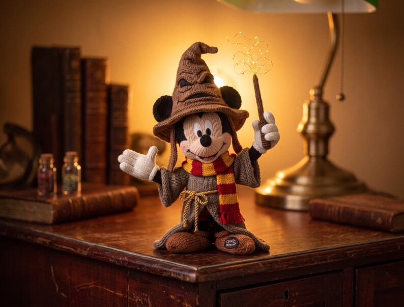 May include: A knitted Mickey Mouse doll wearing a brown wizard hat, a brown robe with a rope tie, and a red and yellow striped scarf. The doll holds a brown wand with a glowing gold tip in one hand and has its other hand raised in a wave.