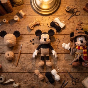 May include: A collection of three crochet items featuring a Mickey Mouse head, a full-body Mickey Mouse doll, and a Mickey Mouse doll wearing a brown wizard hat, a gray robe, and a red and yellow scarf, accompanied by yarn, scissors, and a hook.