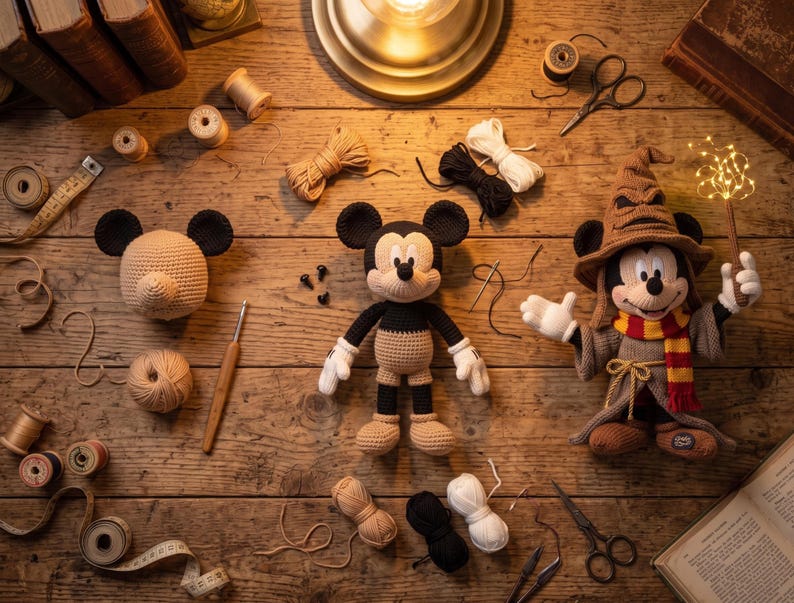 May include: A collection of three crochet items featuring a Mickey Mouse head, a full-body Mickey Mouse doll, and a Mickey Mouse doll wearing a brown wizard hat, a gray robe, and a red and yellow scarf, accompanied by yarn, scissors, and a hook.