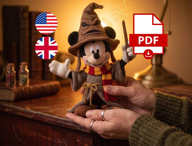May include: A knitted Mickey Mouse doll wearing a brown wizard hat, a matching brown robe with a gold cord tie, and a red and yellow striped scarf. The doll holds a brown wand in one hand and has its other hand raised in a welcoming gesture.