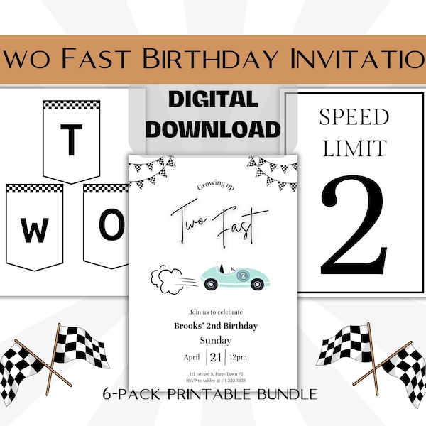 Two Fast 2nd Birthday Invite Bundle, digital download, 6-pack bundle