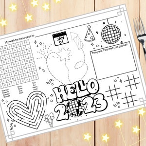 New Years Eve Placemat 2023 | Activity Sheet NYE Coloring | Tic Tac Toe | New Years Activity for Kids Instant Download
