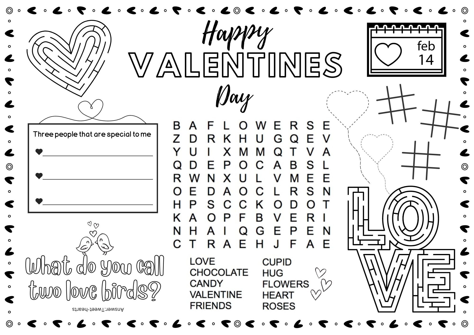 Valentines Placemat Valentines Activity Sheet Coloring Tic Etsy