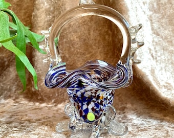 Vintage 60s 70s Murano blue glass vase basket