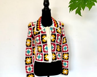 Vintage Granny Square Crocheted Handmade Jacket