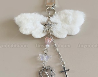 Fluffy Angel Wings Keychain: Kawaii Plush Bag Charm with Star & Butterfly