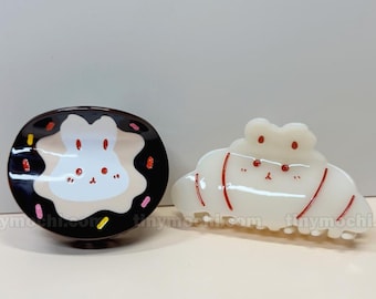Bunny Hair Clips With Food Themed Kawaii Accessories, Acrylic Donut and Croissant Clip