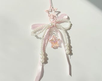 Keychain charm Pink Ribbon Star Pearl  – Kawaii Bow Charm for Bags & Keys