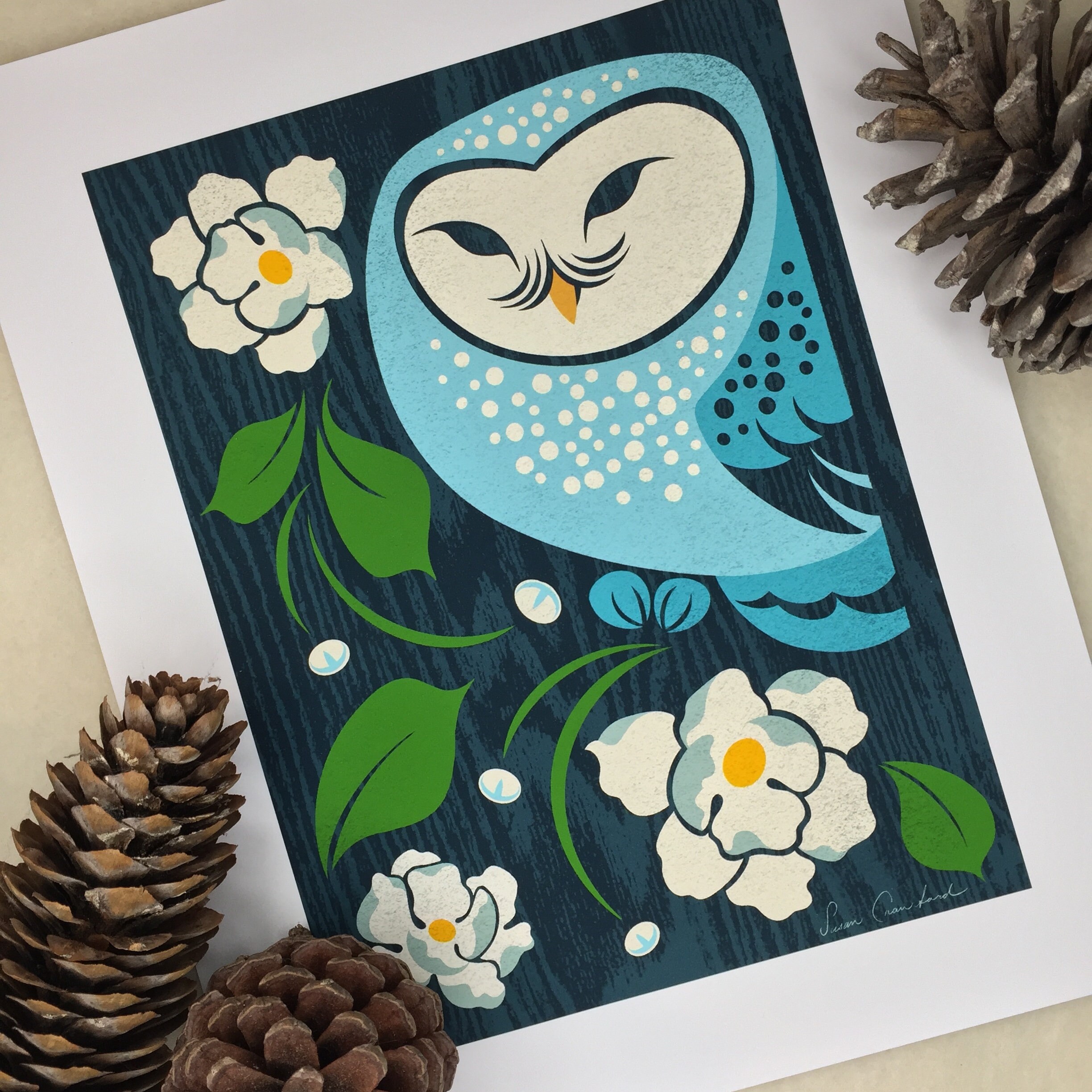 Mid-Century Barn Owl with Magnolia print