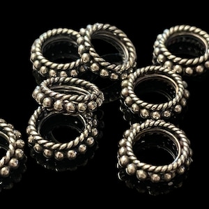 6 Bali Links - Large Hole 10.1mm Round Granulated Twisted Oxidized  - Link - Hoops 5.5mm ID Sterling Silver Closed Jump Rings L132
