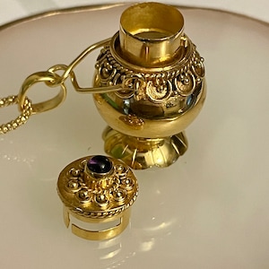 24t Vermeil GOLD Prayer Box with Ruby or Amethyst- Vial Locket - Perfume Oil Bottle - Granulated Dotted and Twisted Wire Pill Pendant - Z87