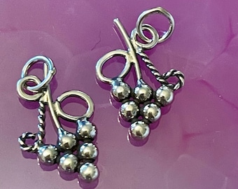 Sterling Silver Grape Cluster Charms with Vining Tendrils - 2 Earring Dangles - Wine Glass Charms Double Sided Oxidized - Supplies C14