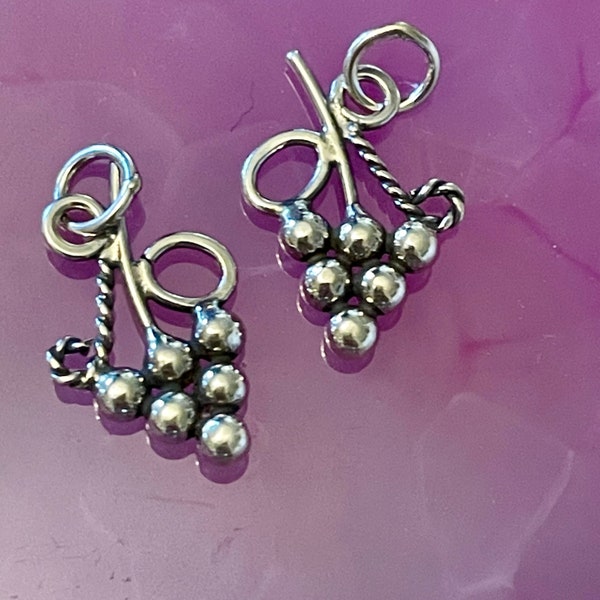 Sterling Silver Grape Cluster Charms with Vining Tendrils - 2 Earring Dangles - Wine Glass Charms Double Sided Oxidized - Supplies C14