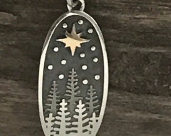 1 Oval Pine Forest at Midnight Charm - Quality Shimmering Sterling Pine Tree Pendant - Silver Dotted Stars Gold Bronze North Star P51
