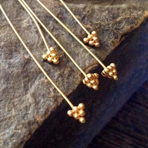4 Fancy Vermeil Head Pins -  Pyramid of Dots Tip  - Vermeil Headpins - 68mm LONG -  Inch  22 Gauge Z17