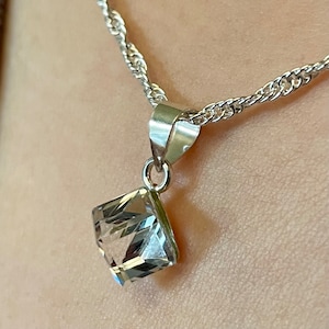 Swarovski Crystal Sterling Silver Cube Pendant Necklace - 16.7mm x 7.5mm Sparkly Brilliant Charm Necklace - Mother&#39;s Day Gift GL218/N