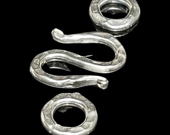 Hammered 999 Fine Silver Hook and Eye Jewelry Clasp Set - Bright and Shiny - Hook is 16mm - Total Length 26mm - Thick and Chunky - T54