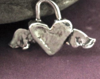 Sterling Silver Heart Charm with Wings 18mm Rustic Charms - Heart Pendants - Friendship Earring Dangles - Legacy Silver Supplies AC53/a