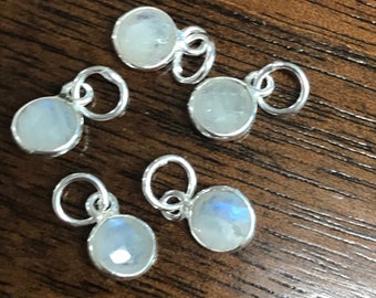 Sterling Silver MOONSTONE Pendants  -  2 Round Gemstone Charms - Earring Dangles 6mm  - Bezeled Gem Stones - Legacy Silver Supplies GL188