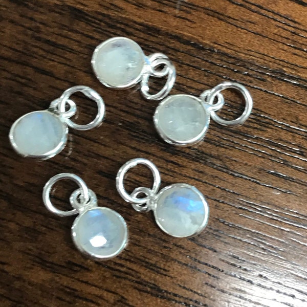 Sterling Silver MOONSTONE Pendants  -  2 Round Gemstone Charms - Earring Dangles 6mm  - Bezeled Gem Stones - Legacy Silver Supplies GL188