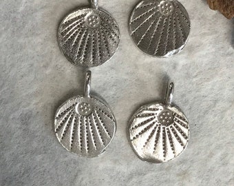 4 Whoopsie Hill Tribe Charms -15% off Fine Silver Circles with Radiating Design - Slight Flange or Flattening on Bottom - 13mm C162a