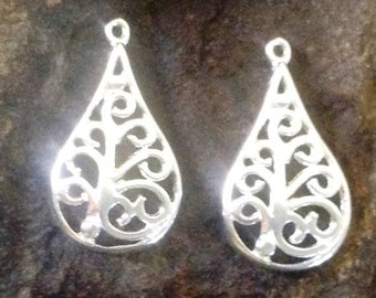 Sterling Silver Filigree Teardrop Charms or Earring Chandeliers 15mm 2 Small Pendants - Legacy Silver Supplies C63