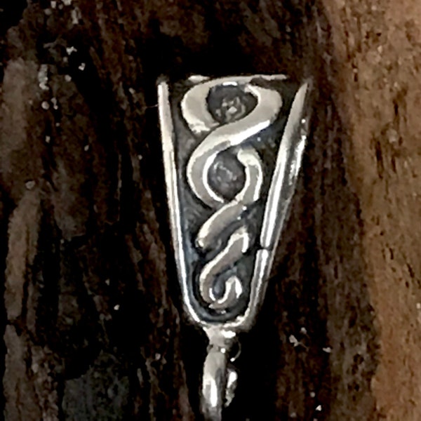 Sterling Silver Bail - 1 Large Solid Oxidized Inverted V  Celtic Scrolls Enhancer 15mm tall 5.7mm Wide Legacy Silver Supplies B7