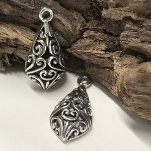 2 Sterling Silver Charms - Swirls and Curls - Blackened Teardrop Pendants or Dangles with Soldered Ring 18mm - Legacy Silver Supplies Z15