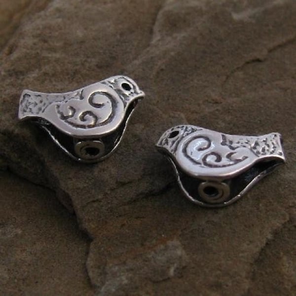 Organic Sterling Silver Bird Bead - 1, 2 or 4 Beads - Double Sided - Rustic - Stamped and Oxidized  - Legacy Silver Supplies C35/a/b